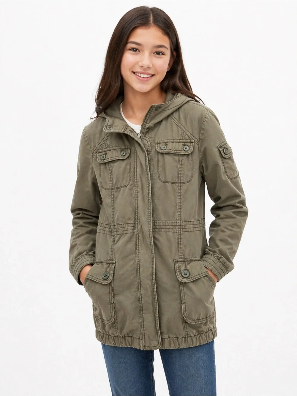 Gap Kids Girls Olive Green Cargo Jacket Hooded Cotton Parka Size XXL 14/16